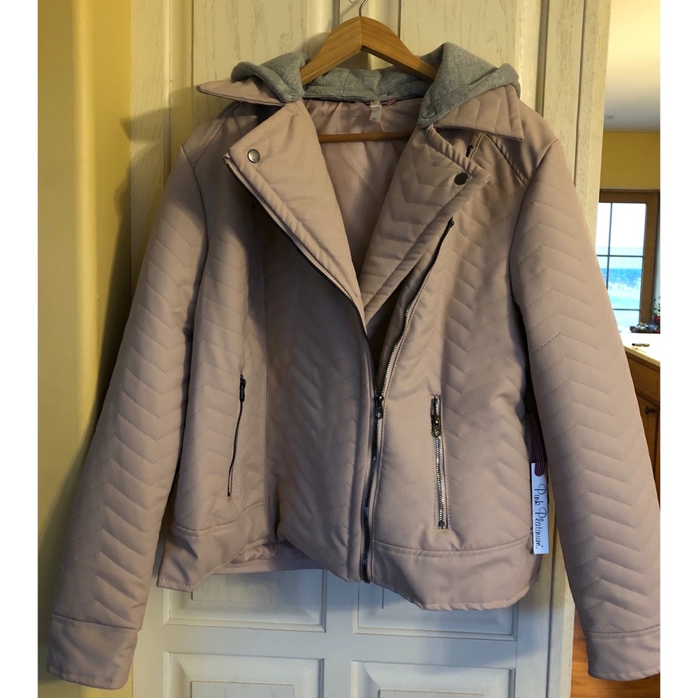 Pink Platinum Faux Leather Moto Jacket w Hoodie